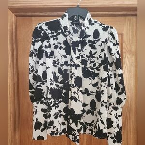 Who What Wear Long Sleeve Tie Neck Blouse, Black And Ivory Flowers